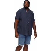 D555 Mens Big Size Linen Mix Mini Check Button Down Collar Casual Short Sleeve Shirt With Breast Pocket