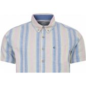 Peter Gribby Mens Big Size Cotton Linen Stripe Button Down Collar Casual Short Sleeve Shirt With Breast Pocket