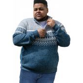 D555 Mens Big Size Quarter Zip Neck Fairisle Knitted Jumper With Pockets And Bonded Check Lining
