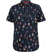 D555 Mens Big Size Guitar Print Button Down Collar Casual Short Sleeve Shirt With Breast Pocket