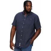 D555 Mens Big Size Linen Mix Mini Check Button Down Collar Casual Short Sleeve Shirt With Breast Pocket
