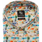 Kings Road Mens Big Size Beach Scene Print Button Down Collar Casual Short Sleeve Shirt