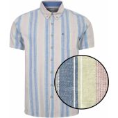 Peter Gribby Mens Big Size Cotton Linen Stripe Button Down Collar Casual Short Sleeve Shirt With Breast Pocket