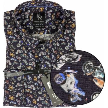 Kings Road Mens Big Size Cotton Motorbike Print Casual Long Sleeve Shirt