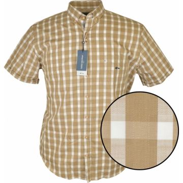 Dario Beltran Mens Big Size Beige Check Cotton Button Down Collar Short Sleeve Shirt With Breast Pocket