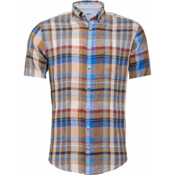 Fynch Hatton Mens Big Size Linen Check Button Down Collar Short Sleeve Shirt