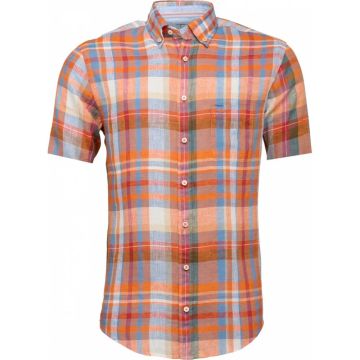 Fynch Hatton Mens Big Size Linen Check Button Down Collar Short Sleeve Shirt