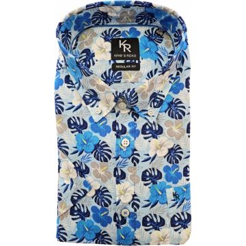 Kings Road Mens Big Size Flower Print Button Down Collar Casual Short Sleeve Shirt