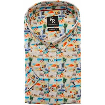 Kings Road Mens Big Size Beach Scene Print Button Down Collar Casual Short Sleeve Shirt