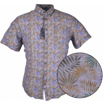 J T Ascott Mens Big Size Leaf Print Casual Linen Button Down Collar Short Sleeve Shirt