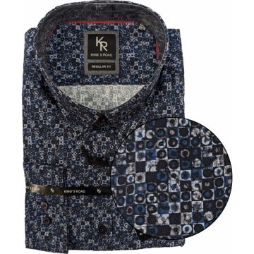 Kings Road Mens Big Size Square Pattern Print Casual Long Sleeve Shirt With Breast Pocket