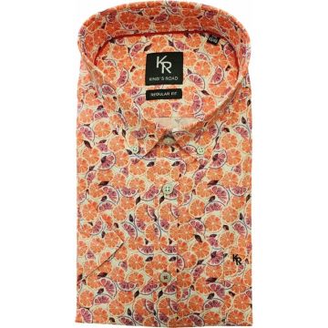 Kings Road Mens Big Size Orange Print Button Down Collar Casual Short Sleeve Shirt