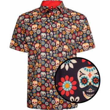 Kam Mens Big Size Skull And Flower Print Cotton Casual Short Sleeve Shirt