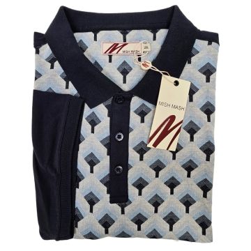 Mish Mash Mens Big Size Fine Knitted Diamond Pattern Cotton Polo With Plain Contrast Sleeve Collar And Back