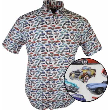 Kings Road Mens Big Size Car Print Short Sleeve Casual Cotton Shirt